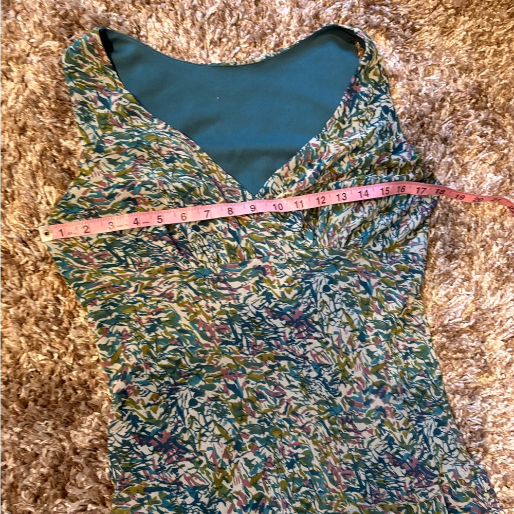 Jonathan Martin Dress White Teal Floral Drop Waist Midi V-Neck - size Medium - Picture 7 of 9